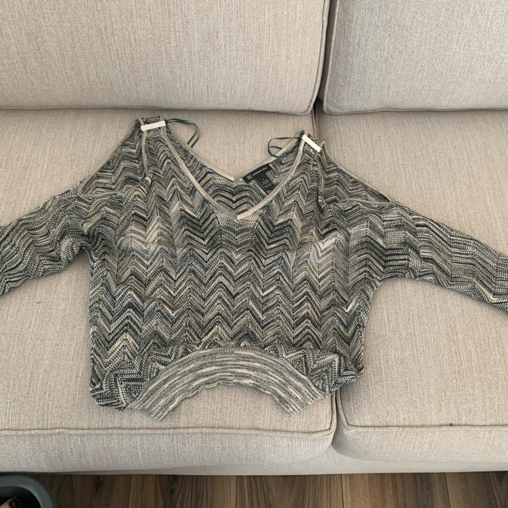 INC International Concepts Black/Green and Cream Knit Top